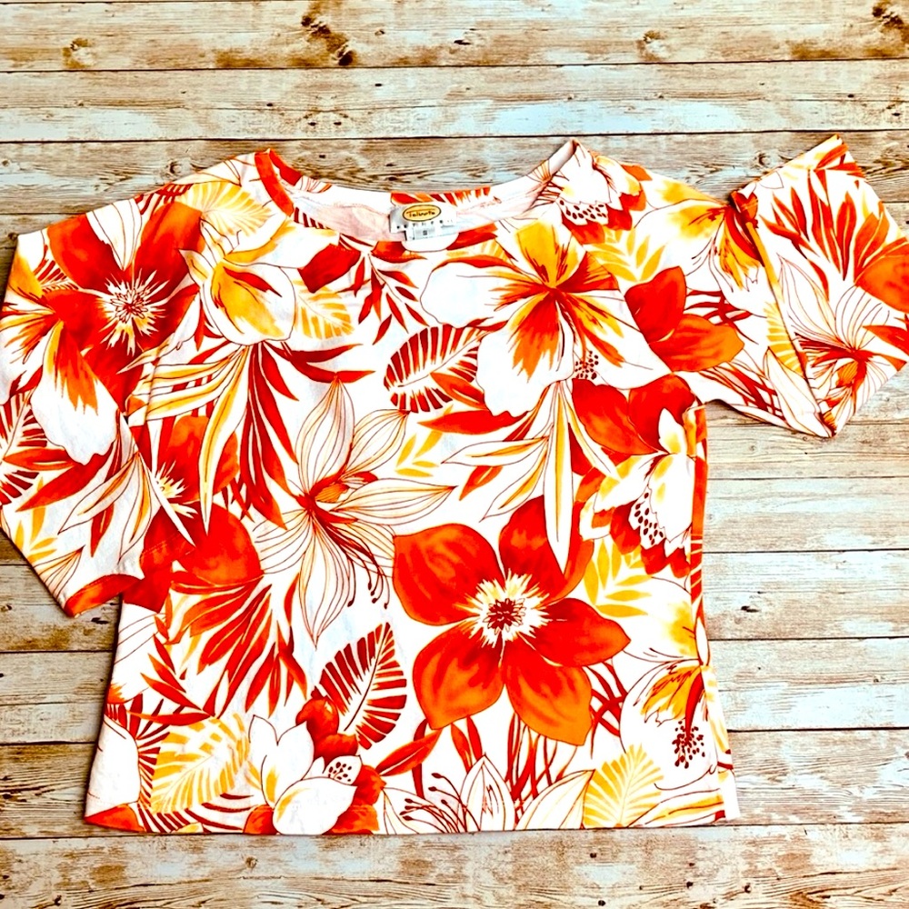 Talbots 3/4 Sleeve Shirt Top White Vibrant Orange Flowers EUC SP😍